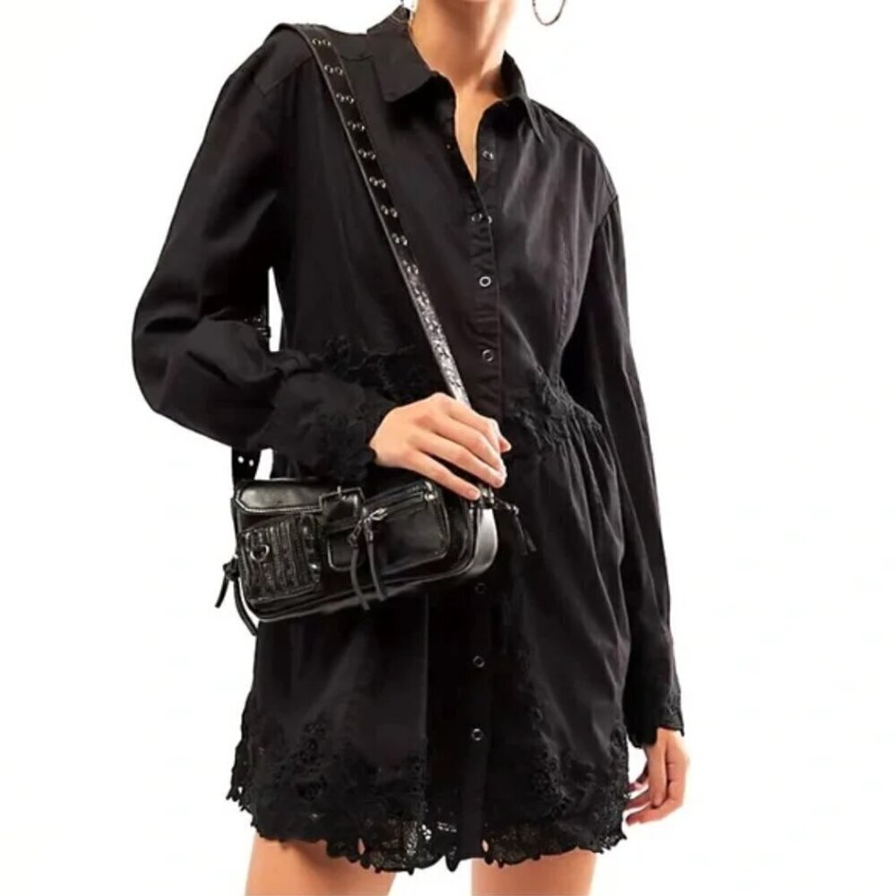 NWT Free People Constance Mini Dress Button Up Black Lace Sz XS